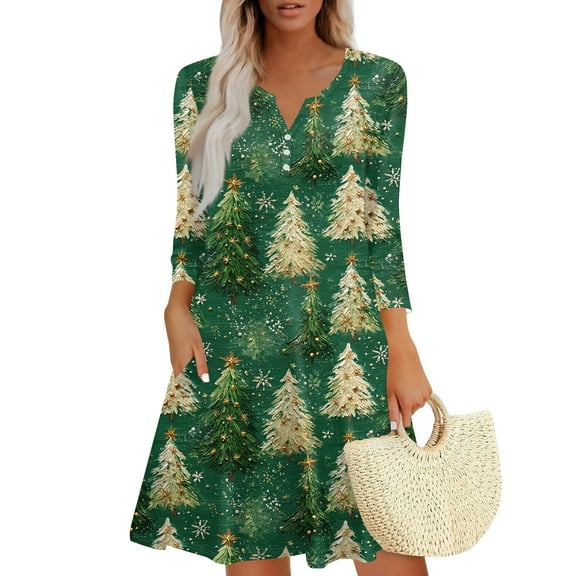 Christmas Dresses for Women Women's Christmas Printed Fashionable V-neck Button Seven Part Cuff Pocket Dress for Holiday Party,Army Green,L