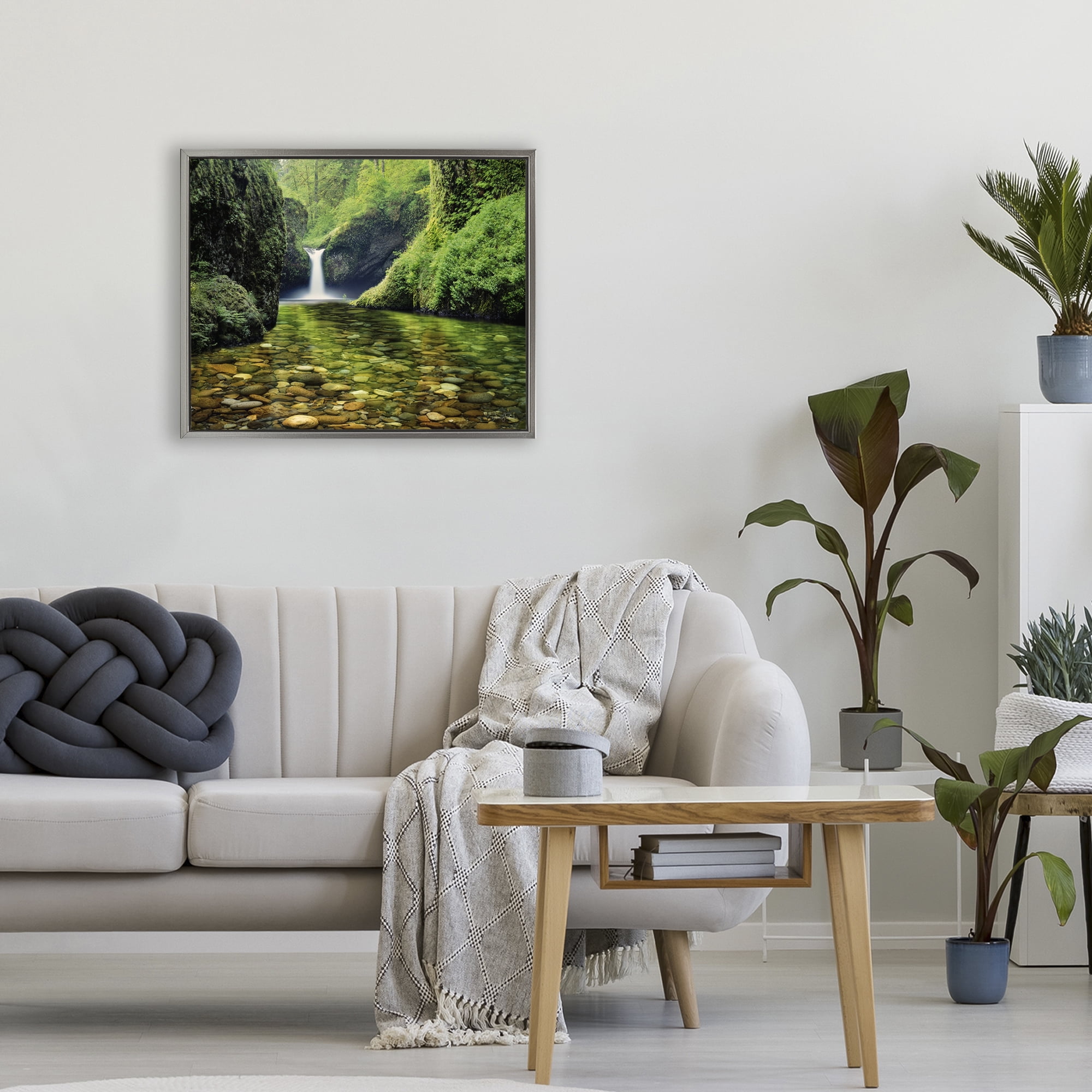 Stupell Industries Punchbowl Falls in Emerald Forest Gray Framed Floater Canvas Wall Art, design by Dennis Frates