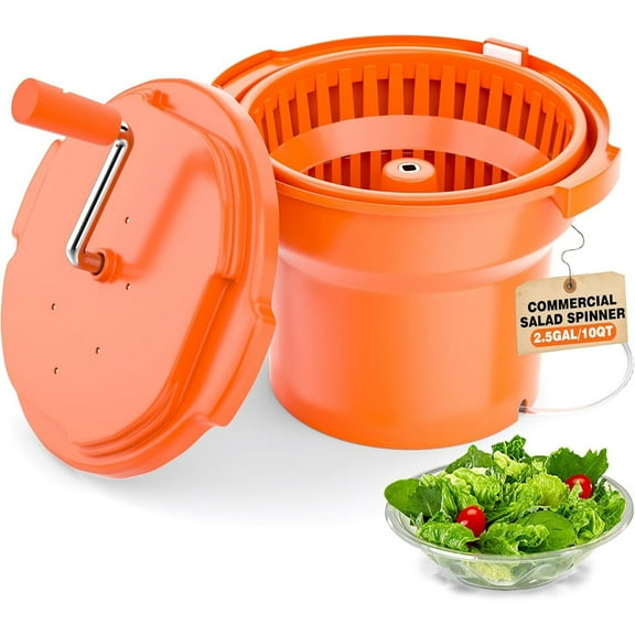 Commercial Salad Spinner 2.5 Gallon - Large Salad Dryer with Aluminum Handle & Draining Hose, 10Qt Manual Spinner for up to 3 Heads of Lettuce - Catering Kitchen Essential