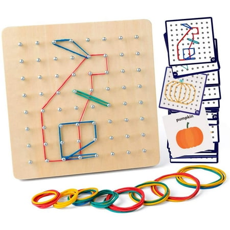 Géoplan en bois avec cartes de modèle d'activité et rubans en caoutchouc -  8x8 Pins Geometry Board Montessori Shape Puzzle Board Inspire l'imagination  et la créativité de l'enfant
