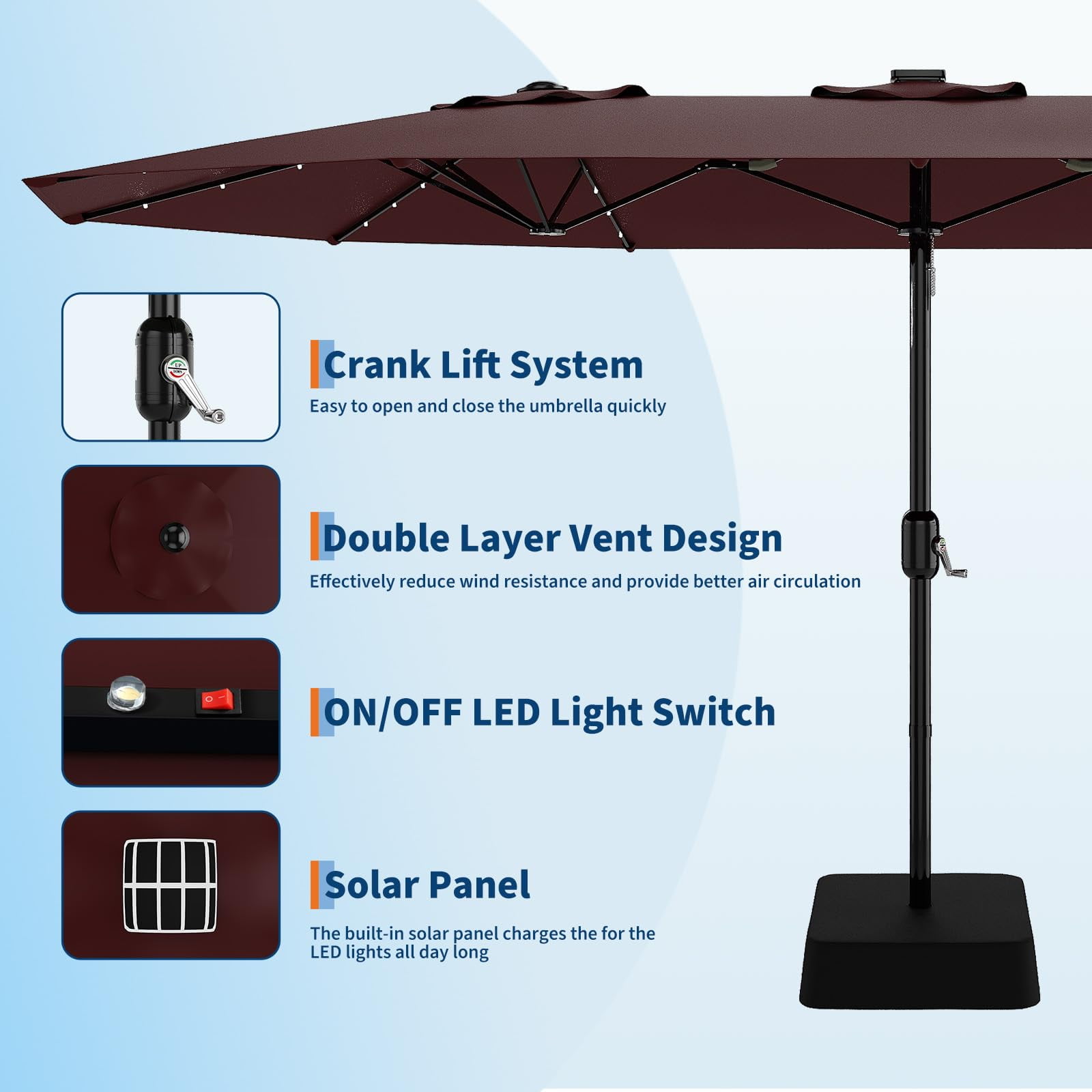 15FT Rectangular Patio Umbrella with Base Included - Large Patio Umbrella with Crank Handle, UV Protection for Outdoor Market, Backyard, Pool