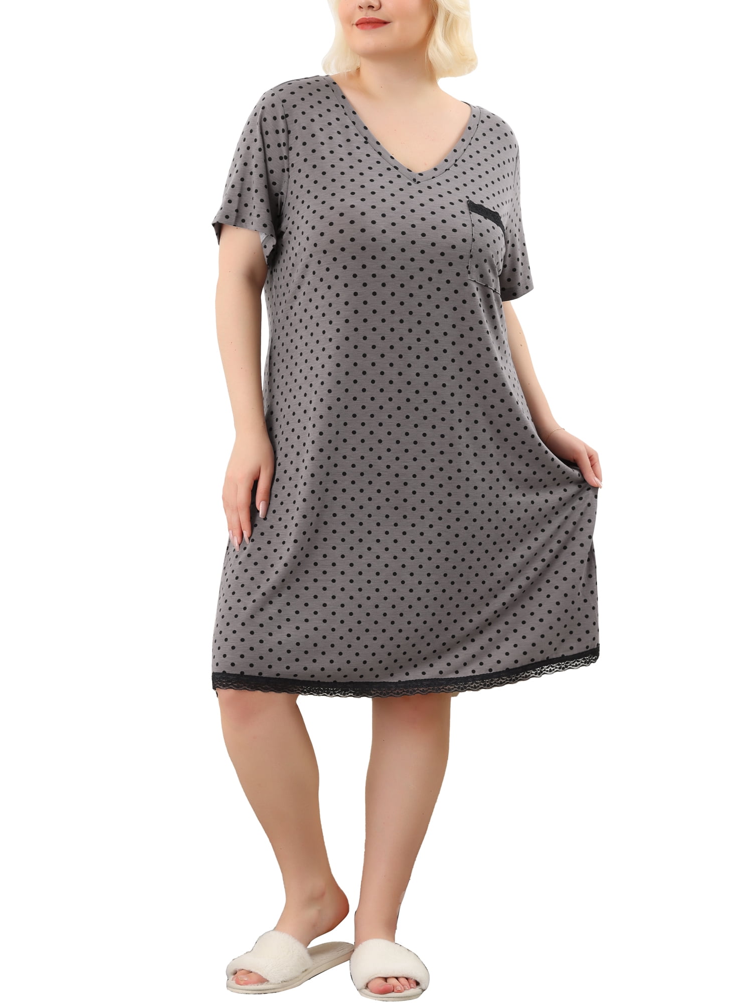 DARING DIVA Women's Plus Size Soft Short Sleeve Lace Trim Pajama Dress 3X Dark Gray