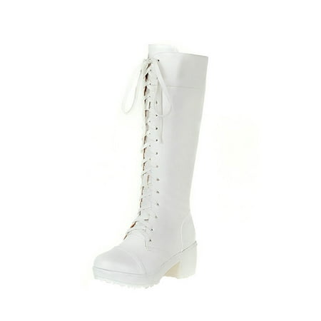 

Rdeuod Tall Boots For Women Large Size Thick Heeled High Waterproof Platform Lace Up Top Shoes