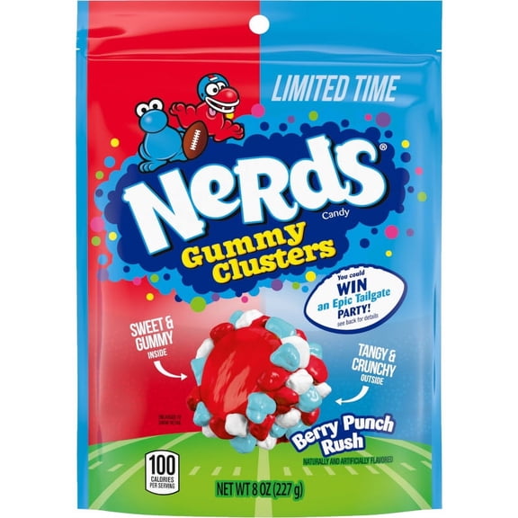 NERDS Gummy Clusters Candy, Berry Punch Rush Limited Time Flavor, Crunchy and Gummy, Game Day Candy, Football Party Supplies, 8 oz (Pack of 2)