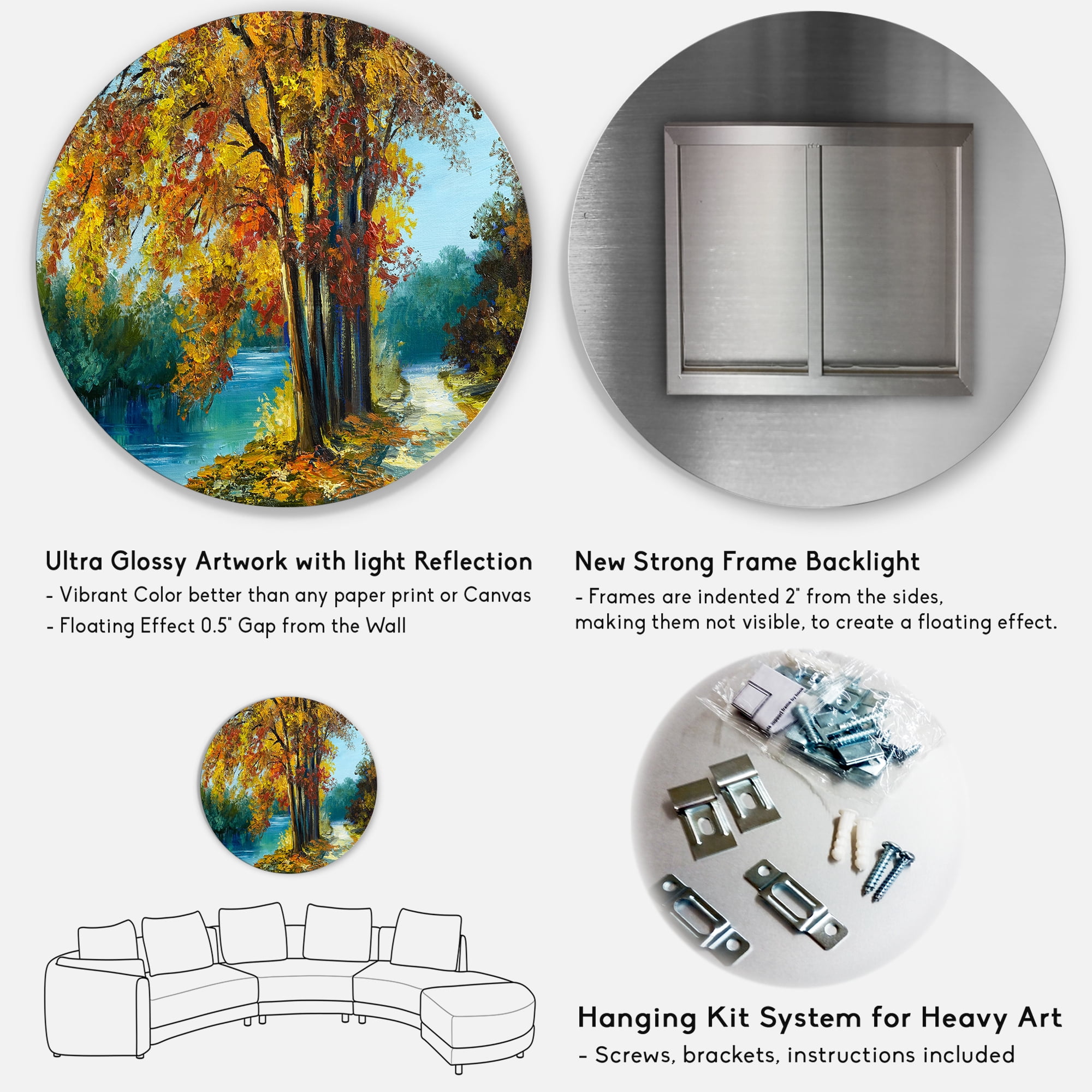 Designart 'Abstract Trees In Warm Autumn Colors By Bright Blue River' Traditional Circle Metal Wall Art 29x29 - Disc of 29