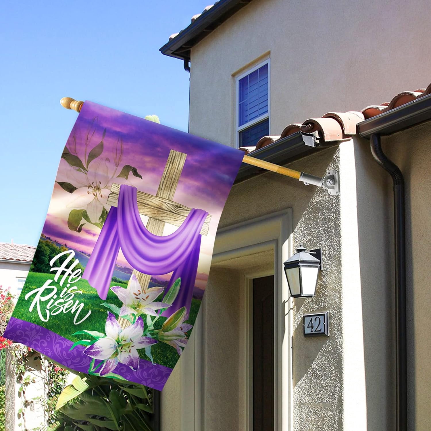 He is Risen Religious Cross Lilies Decoration Easter Spring Holiday House Flag Outdoor Yard Flag 28" x 40"