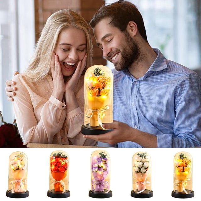 Xihbxyly Rosa Eterna, Flor Preservada En Cúpula de Cristal, Decoración Floral con Luz Led, Regalo Romántico para Ella, Día de La Madre, San Valentín, Cumpleaños, 21 Cm de Alto, Base de Madera