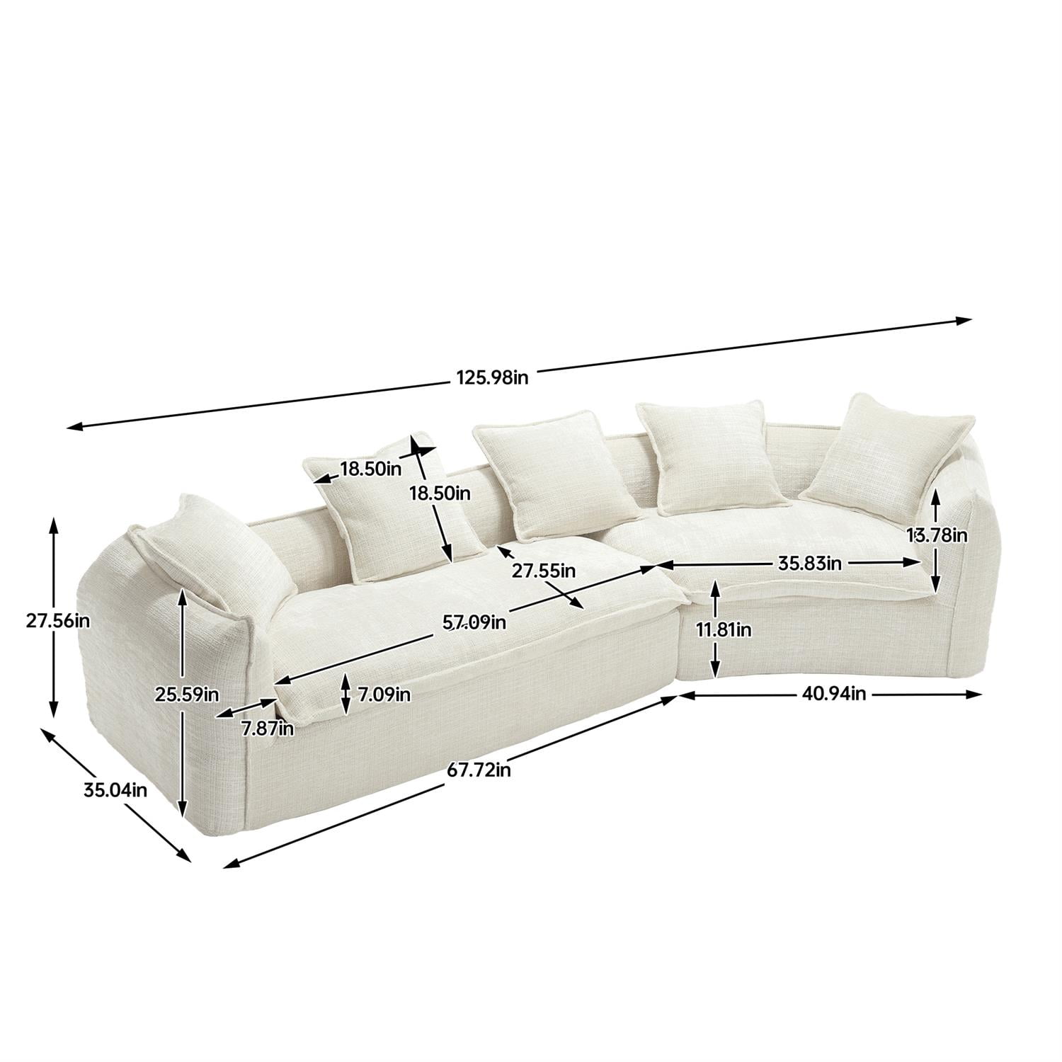 Demi Bonn 125" Modern Modular U-Shaped Sectional Sofa, Spacious 5-Seat Chenille Fabric Couch with Plush Pillows for Living Room, Minimalist Cloud-Style, Beige