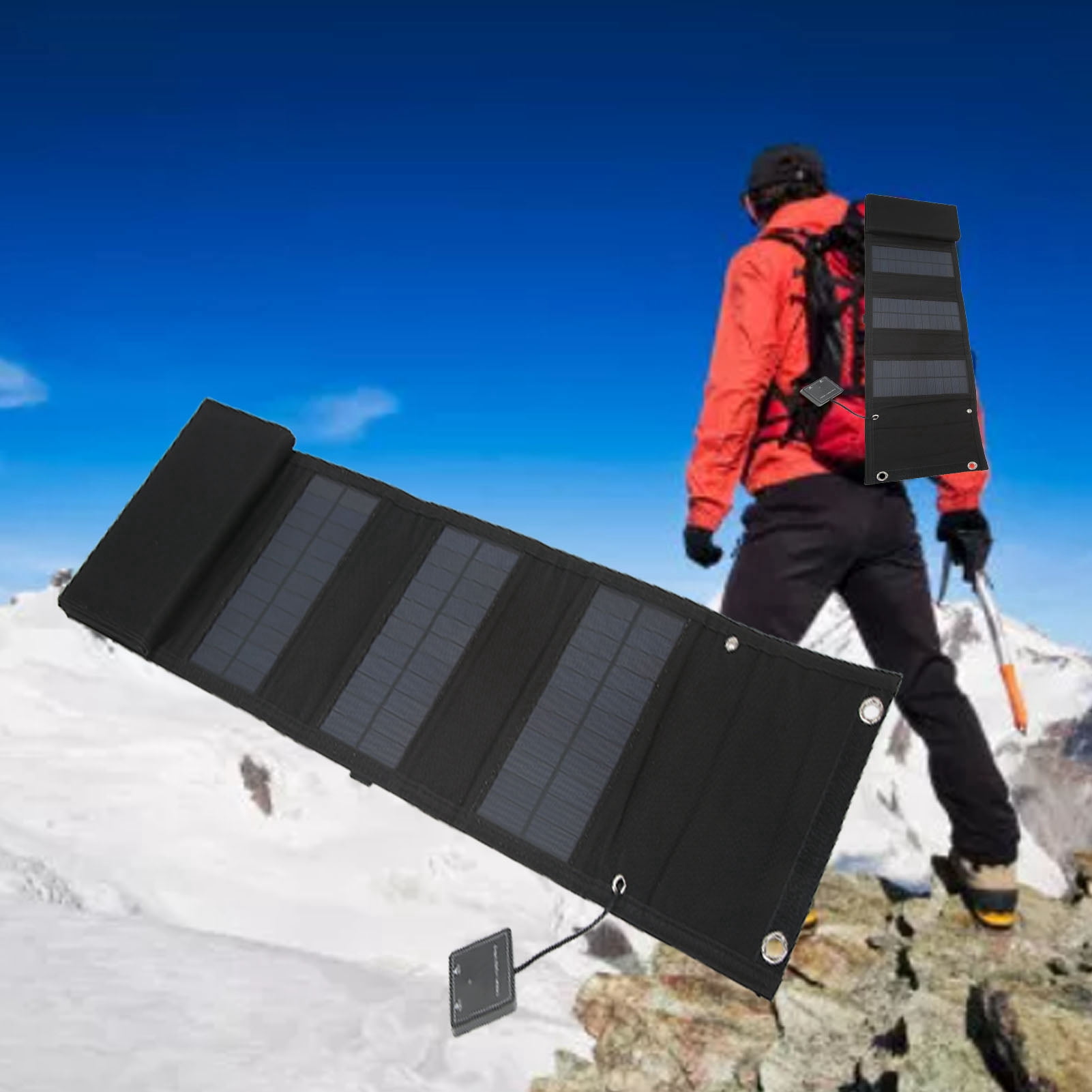 BIMZUC 25W 5V Foldable Solar Charger Kit 8-Fold Monocrystalline Silicon Solar Panels Dual USB Output Climbing Buckle 1 to 3 Cable Portable Off-Grid Power for Camping RV 43.7 inches / 111 cm Black