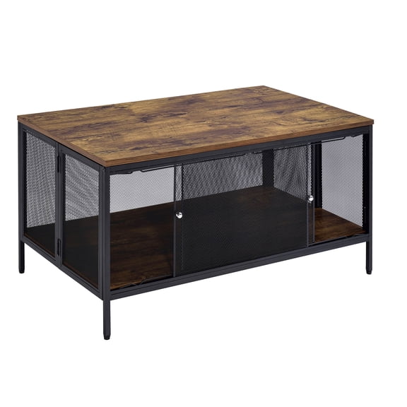 Antique Oak Black Brown Wood Coffee Table with 4 Sliding Mesh Doors