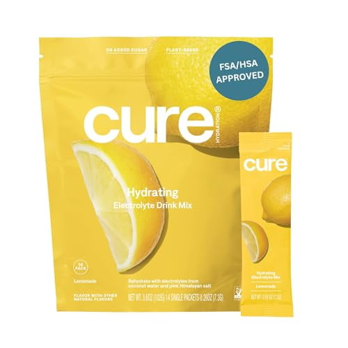 Cure Hydration | Plant-Based Electrolyte Drink Mix | No Added Sugar | Dehydration Relief Powder Made with Coconut Water | Non-GMO | Vegan | FSA & HSA | Pouch of 14 Packets - Lemonade
