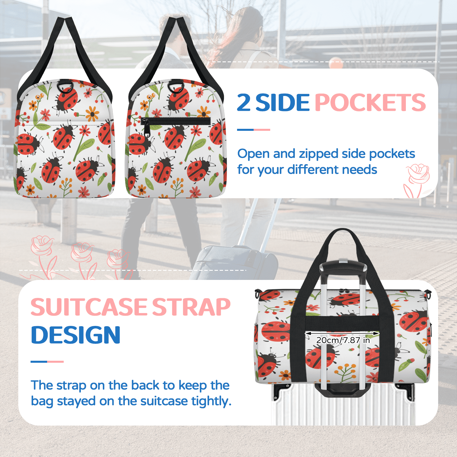 Herdesigns Ladybugs Travel Duffle Bag Sports Yoga Weekender Overnight Carry on Workout Bags Lightweight Waterproof Gym Tote Bag for Women
