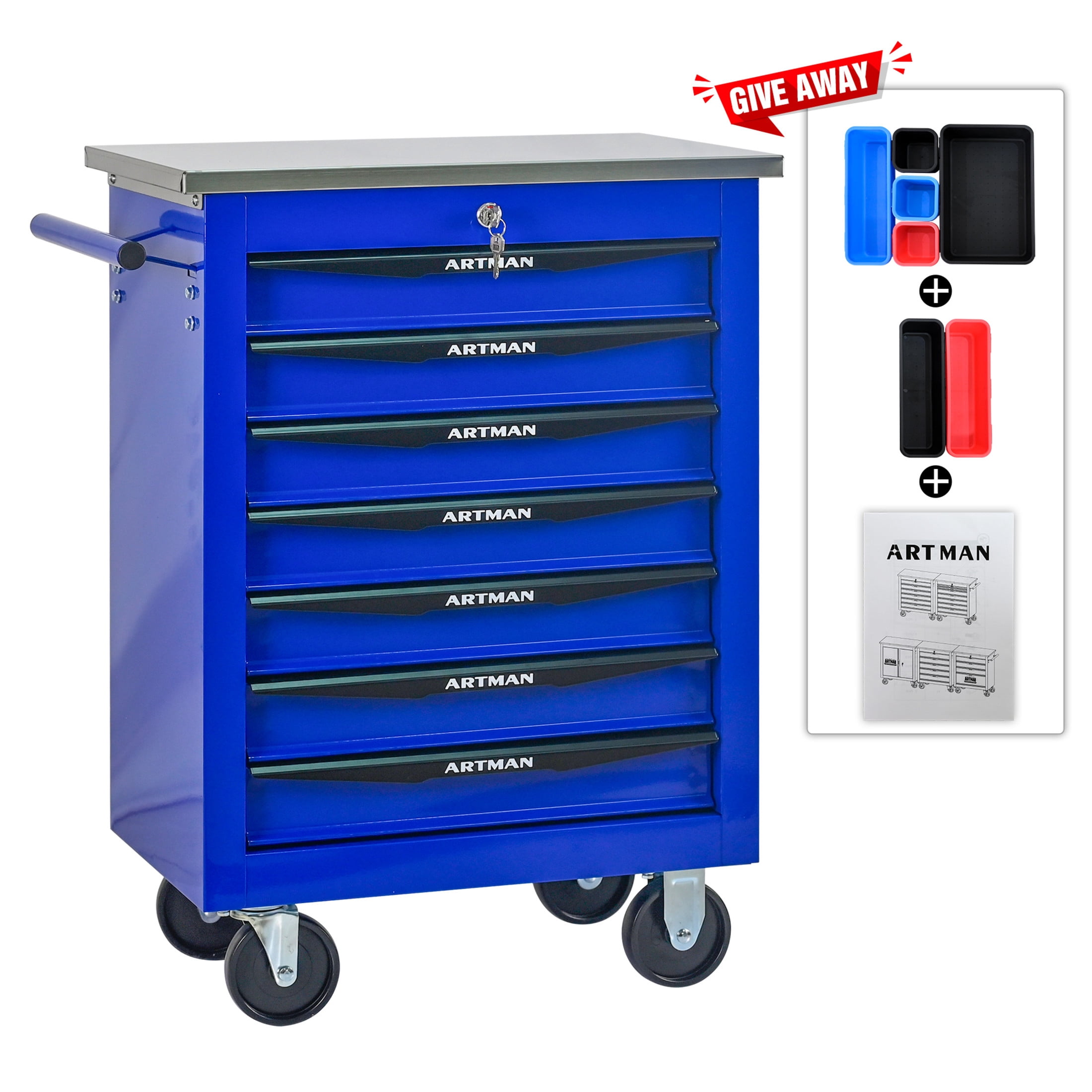 Noble House 7-Drawer Rolling Tool Organizer Cart, Steel Mobile Chest Storage with Worktop for Garage Workshop, Blue