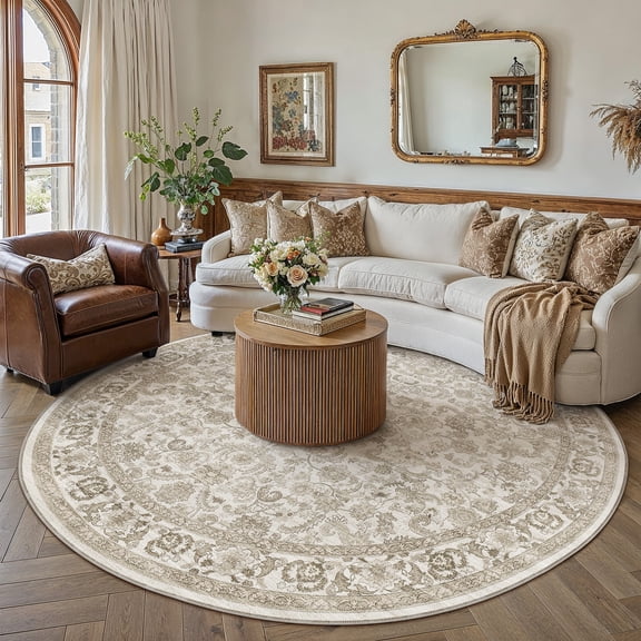 BERTHMEER 8'x8' Round Brown Vintage Rugs for Living Room Bedroom Kitchen Rugs Non Slip Washable Oriental Dorm Office Dining Room Distressed Rugs