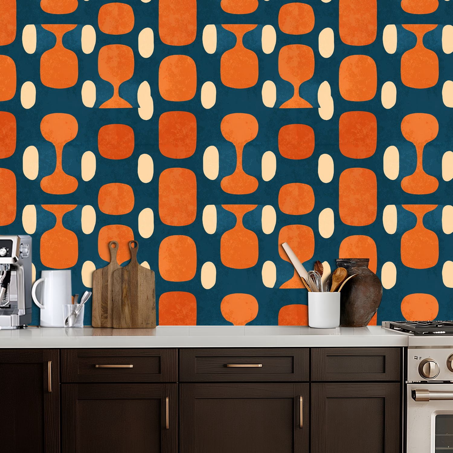 Peel and Stick Wallpaper 17.7in x 9.8ft Mid century modern age blue orange cream Ideal Contact Paper Vinyl Waterproof Self Adhesive Wall Paper for Bedroom Shelf Cabinet Renter Friendly