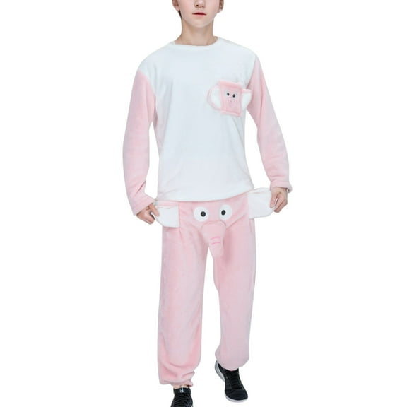 Aihuaihua Mens Elephant Pajamas Set Soft Pajamas Warm Sleepwear Long Sleeve Lounge Set with Pockets Pink XL