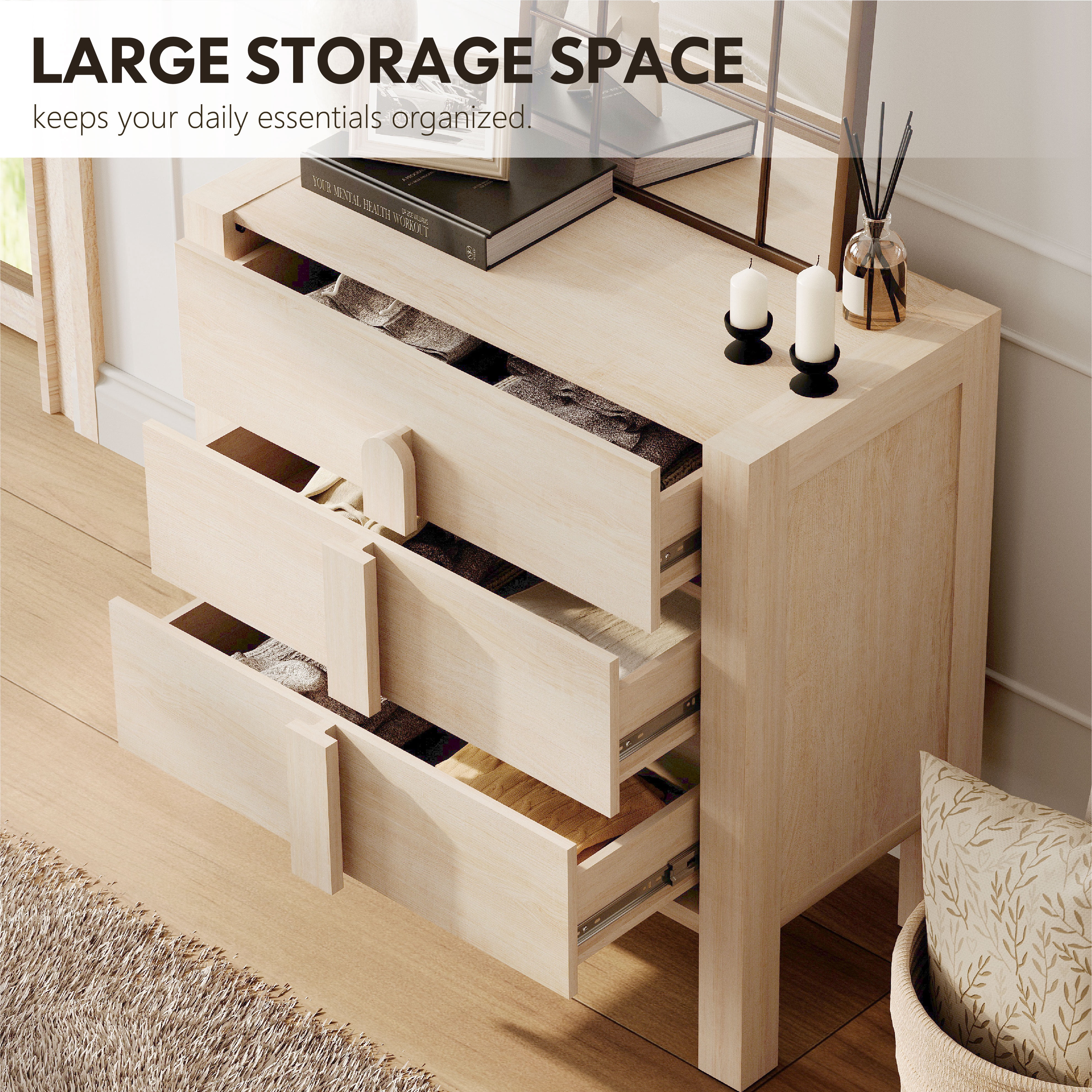 Mid-Century Modern 31.5" Dresser with Three Drawers, Wood Dresser Organizer Storage for Bedroom,Living room, Entryway