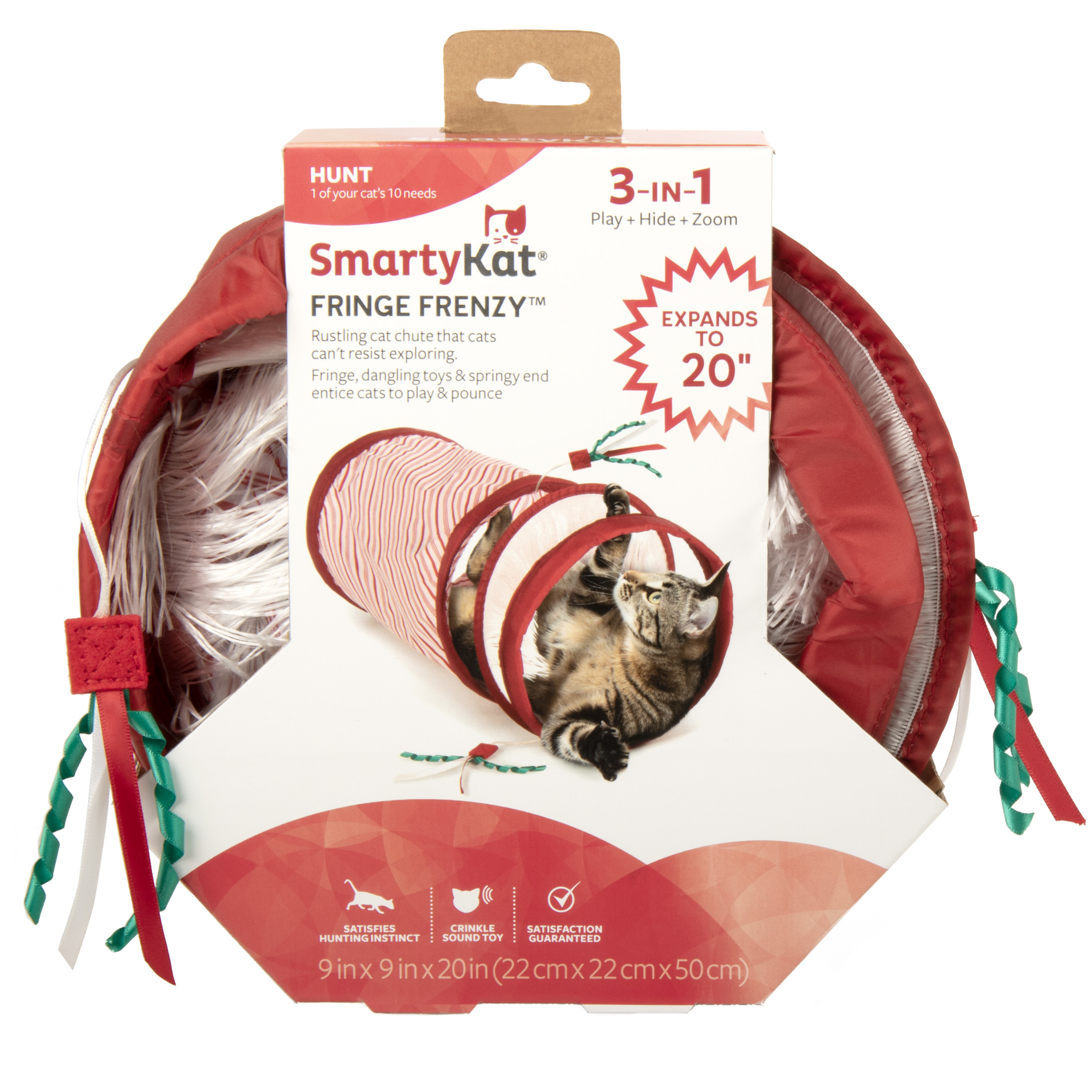 SmartyKat Holiday Fringe Frenzy Candy Cane Spring-Ended Tunnel Cat Toy with Fringe & Teaser Toys, 3 in 1