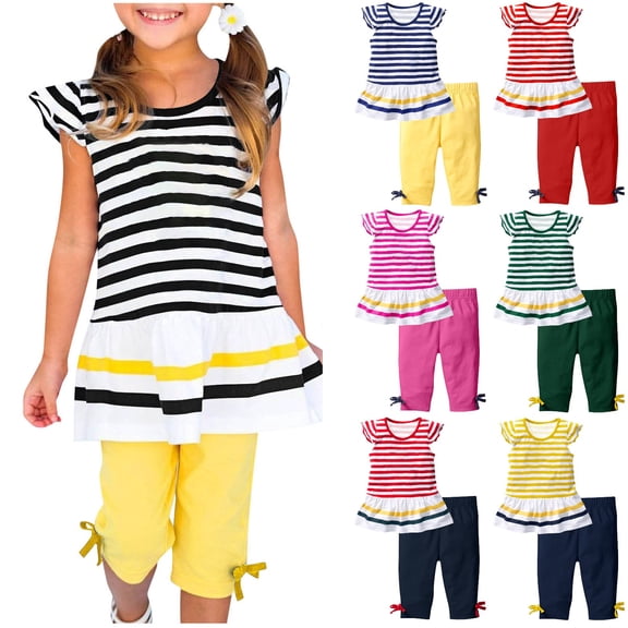 ibuvkizy Baby Girls Summer Clothes Casual Clothing Suit Short Sleeve Striped T-Shirt Pants,Fashion Girls' Short Sleeve Tops Round Neck Collar Botton Printed Sets,Baby Girl Clothes