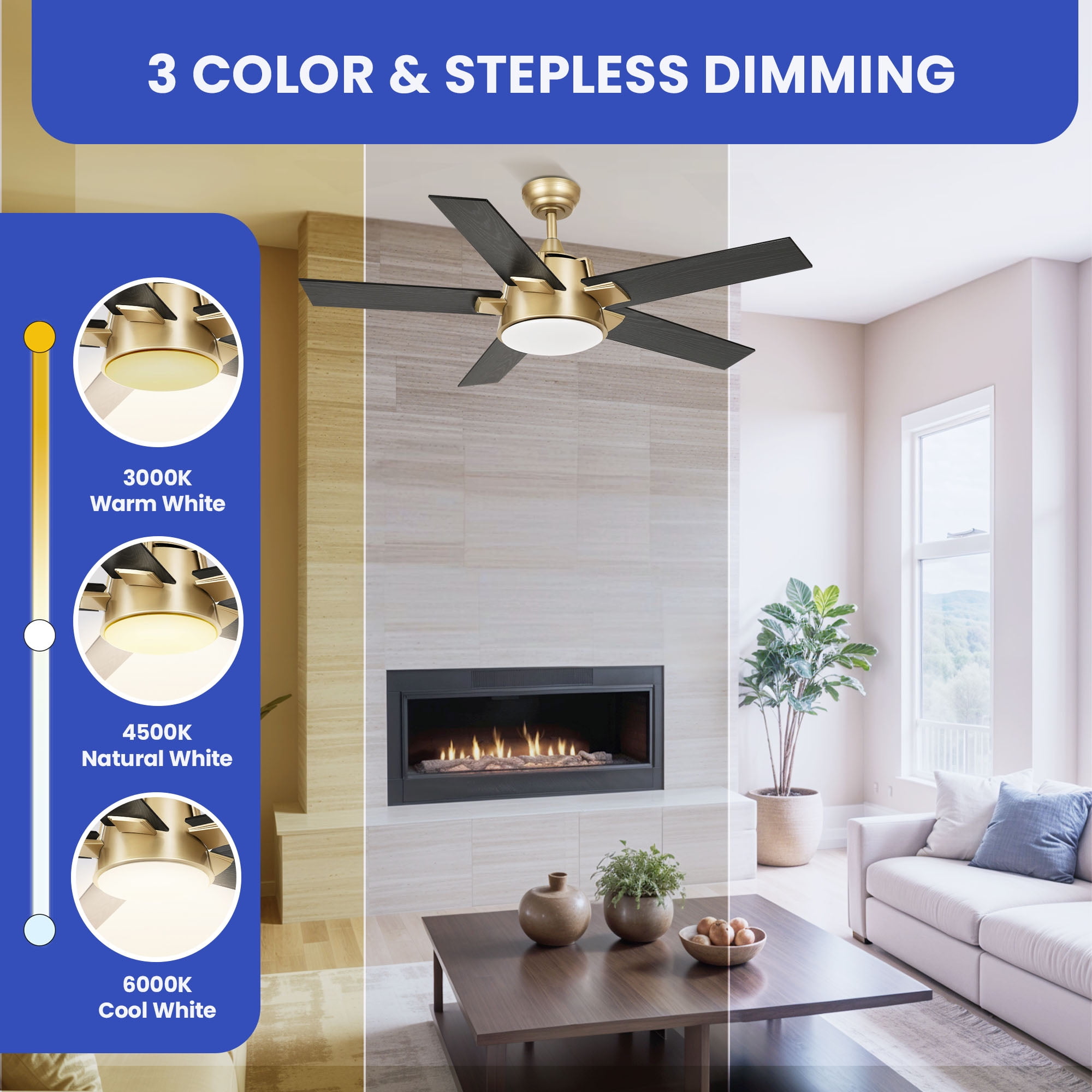 ModFusion 52-Inch LED Ceiling Fan with Remote, Dimmable Lights, 6-Speed, Gold & Black Wood Grain, Timer, Reversible Function, Wall Control