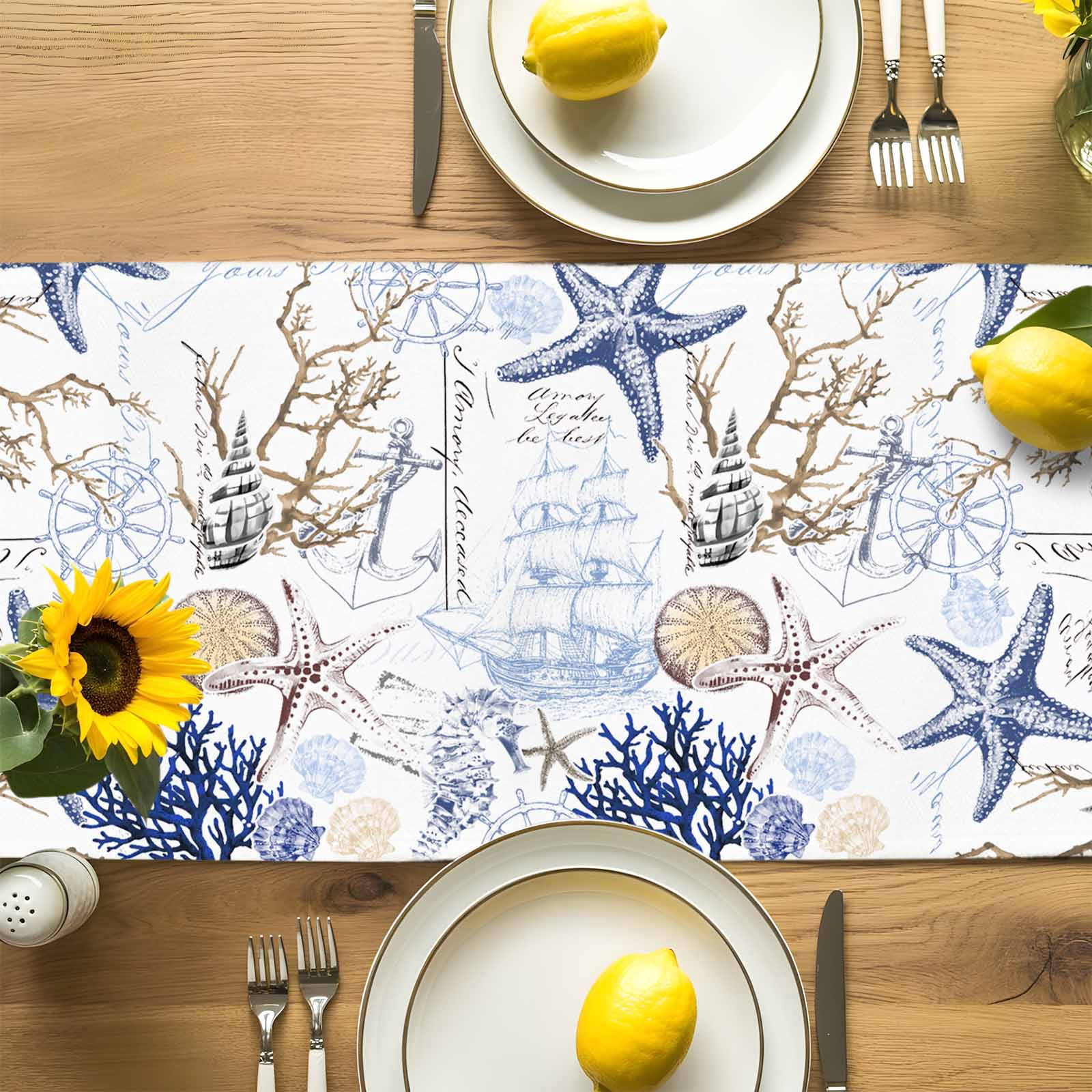 Ocean Starfish Blue Coral Table Runner 90 Inches Long, Nautical Anchor Vintage Boat Table Runners Tabletop Scarf Kitchen Dining Tables Decoration for Home Party Indoor Outdoor