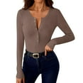 thumbnail image 6 of Olyvenn Women's Long Sleeve Shirts Casual Button up Square Neck Tops Slim Fit Rib Knit Basic Tee 2026 Spring Summer Clothes Brown M, 6 of 9