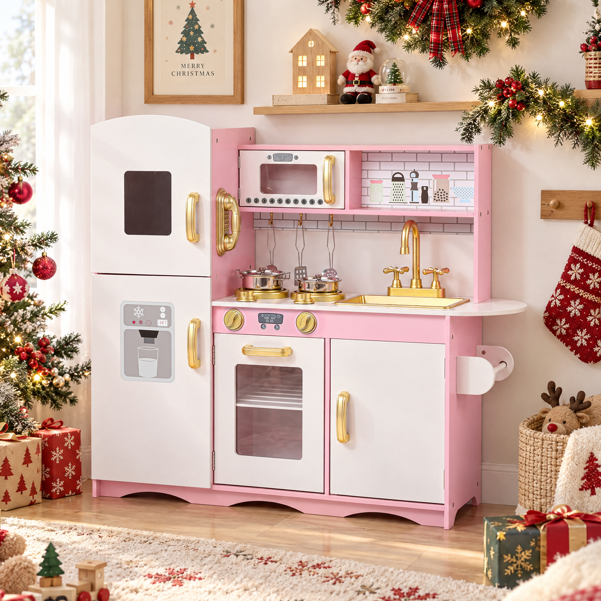 AILEEKISS Wooden Kids Play Kitchen Set - Gold Pink photo 2
