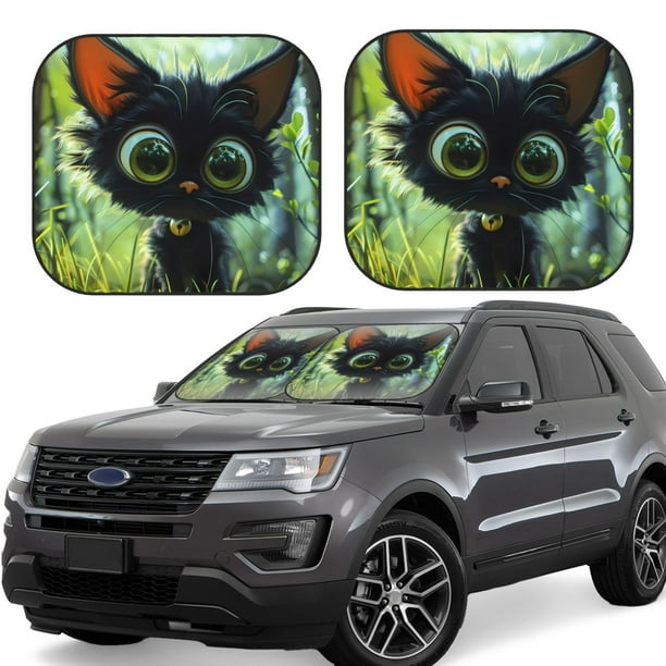 Fotbe Cute Big-Eyed Black Cat Juego de 2 Piezas de Parasoles para Parabrisas | Bloqueador Solar para Auto | Accesorios Plegables para Protección Solar Interior-Medium