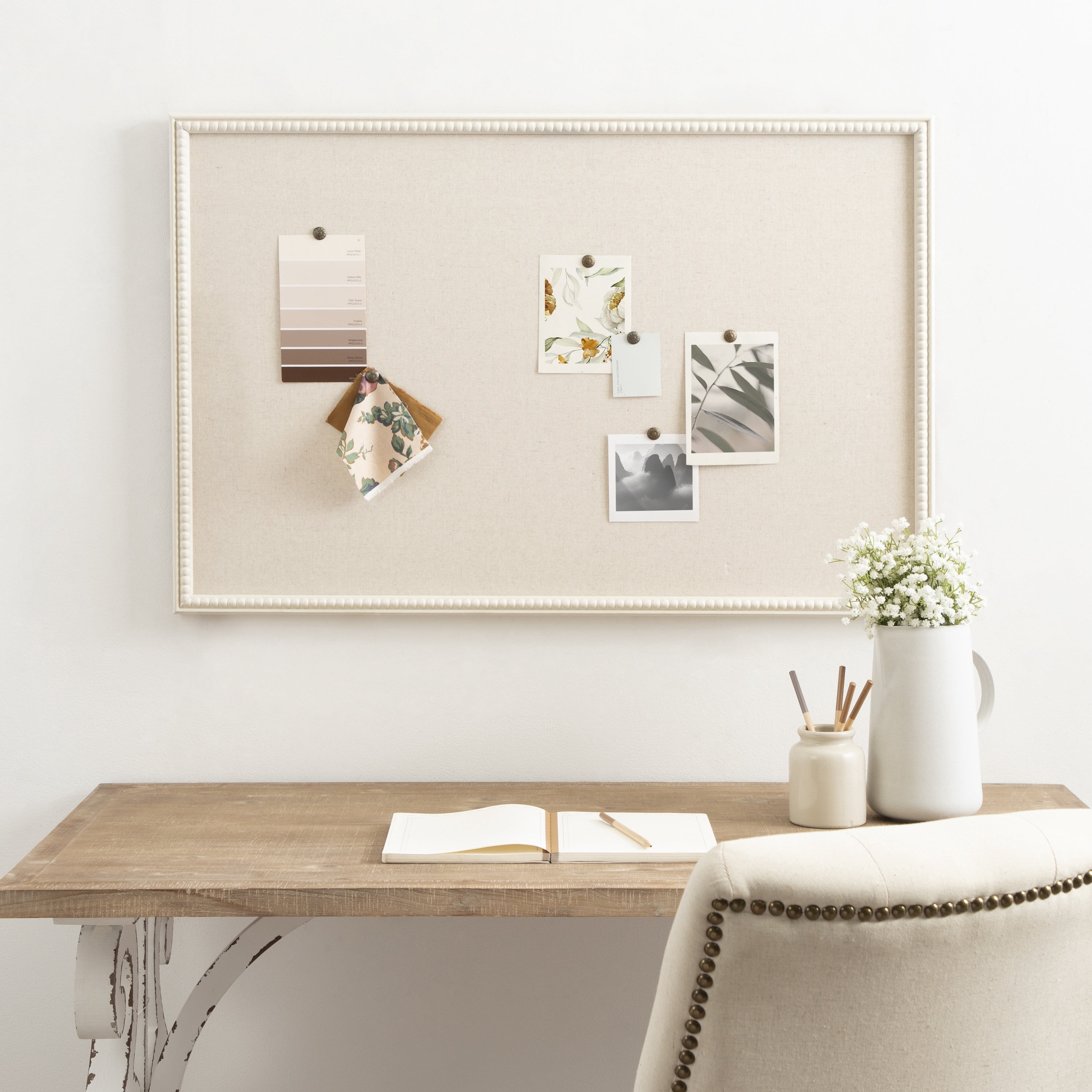 Kate and Laurel Makenna Rectangle Framed Linen Fabric Pinboard, 24 x 36, Soft White, Traditional Beaded Bulletin Board for Vintage Home Wall Organization or Aspirational Vision Board