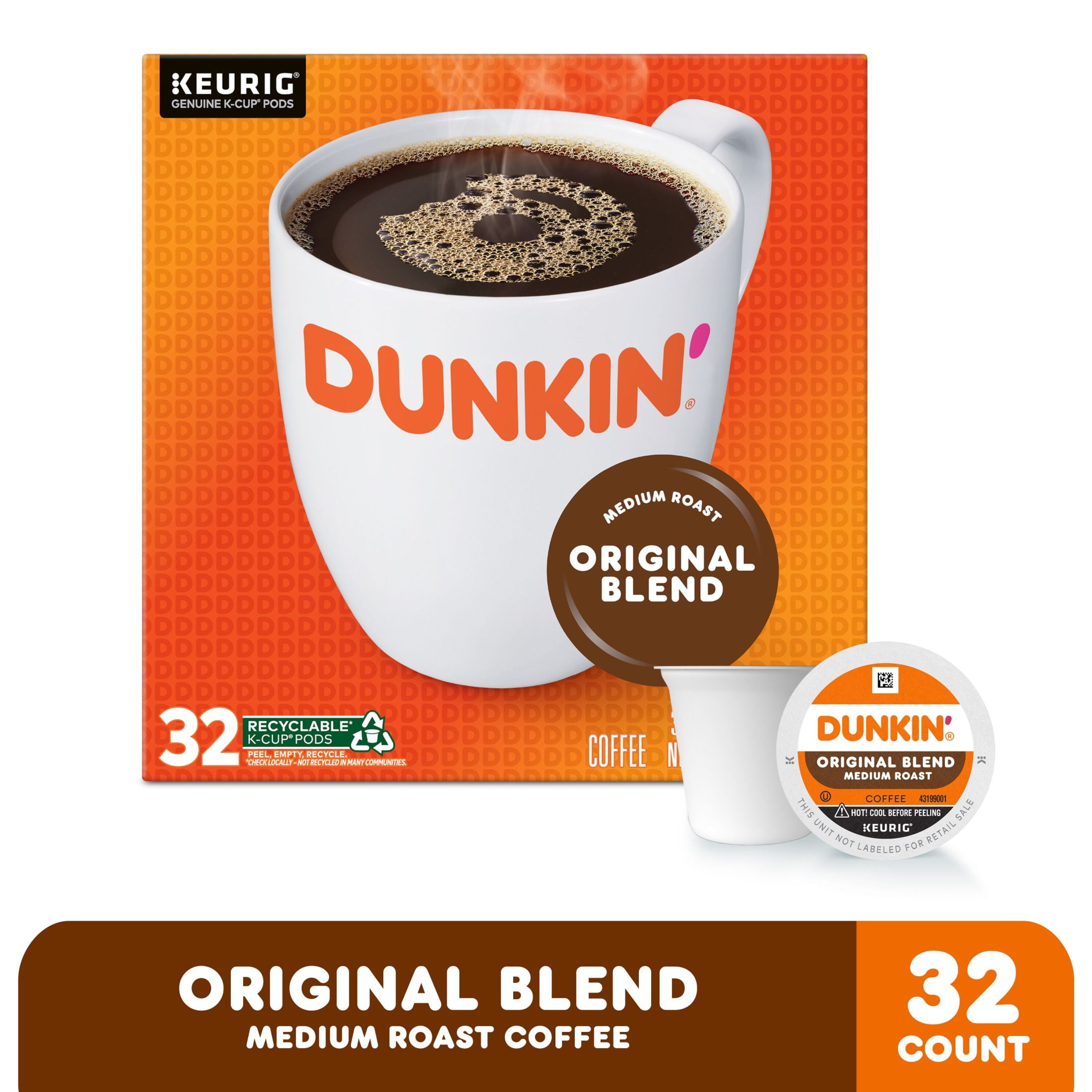 Dunkin’ Original Blend Medium Roast Coffee, Keurig K Cup Pods, 32 Count Box
