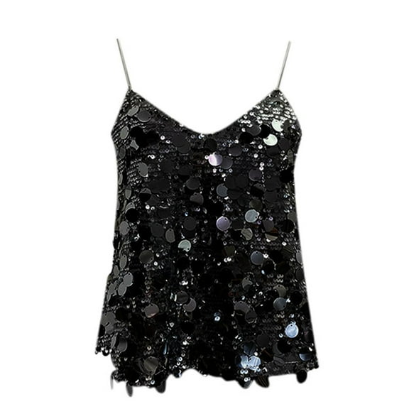 Fshinging Womens Tank Top Glitter Sequin V Neck Sleeveless Party Festival Dressy Casual Trendy Clothes Black One Size