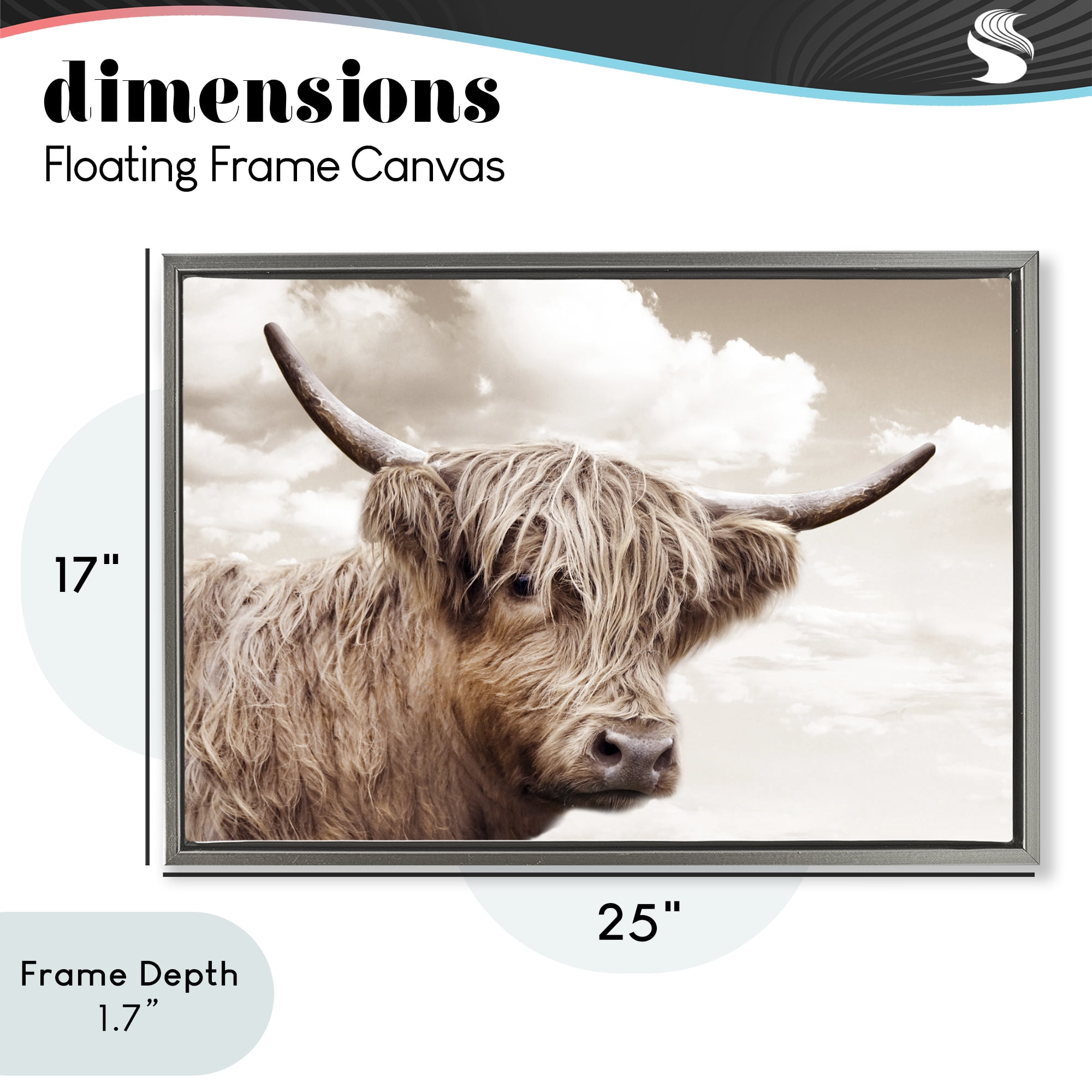 Stupell Industries Shaggy Highland Cow & Clouds Gray Framed Floater Canvas Wall Art, design by CAD Designs