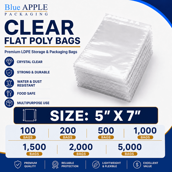 Clear Flat Poly Bag 1.25Mil, 5" X 7" & 100 Bags | Low-Density Polyethylene (LDPE), Flat Open Top Plastic Packaging | Flexible and Durable Plastic Bag