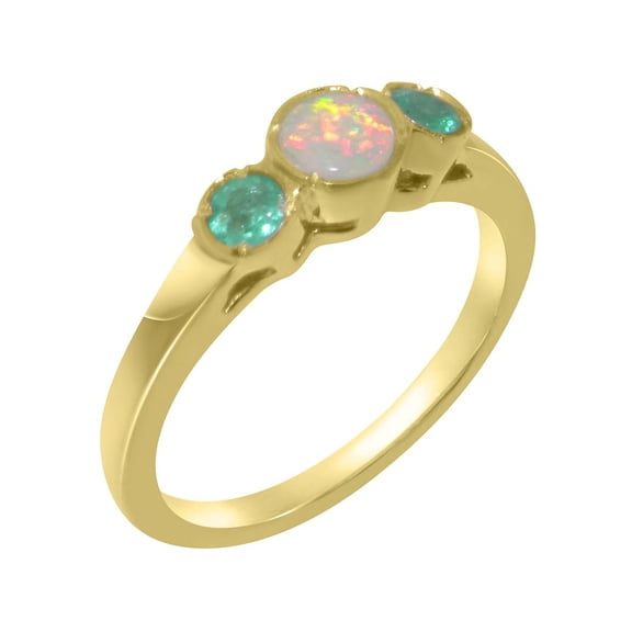 LBG British Made 18k Yellow Gold Natural Opal & Emerald Womens Anniversary Ring - 33 size options - Size 10
