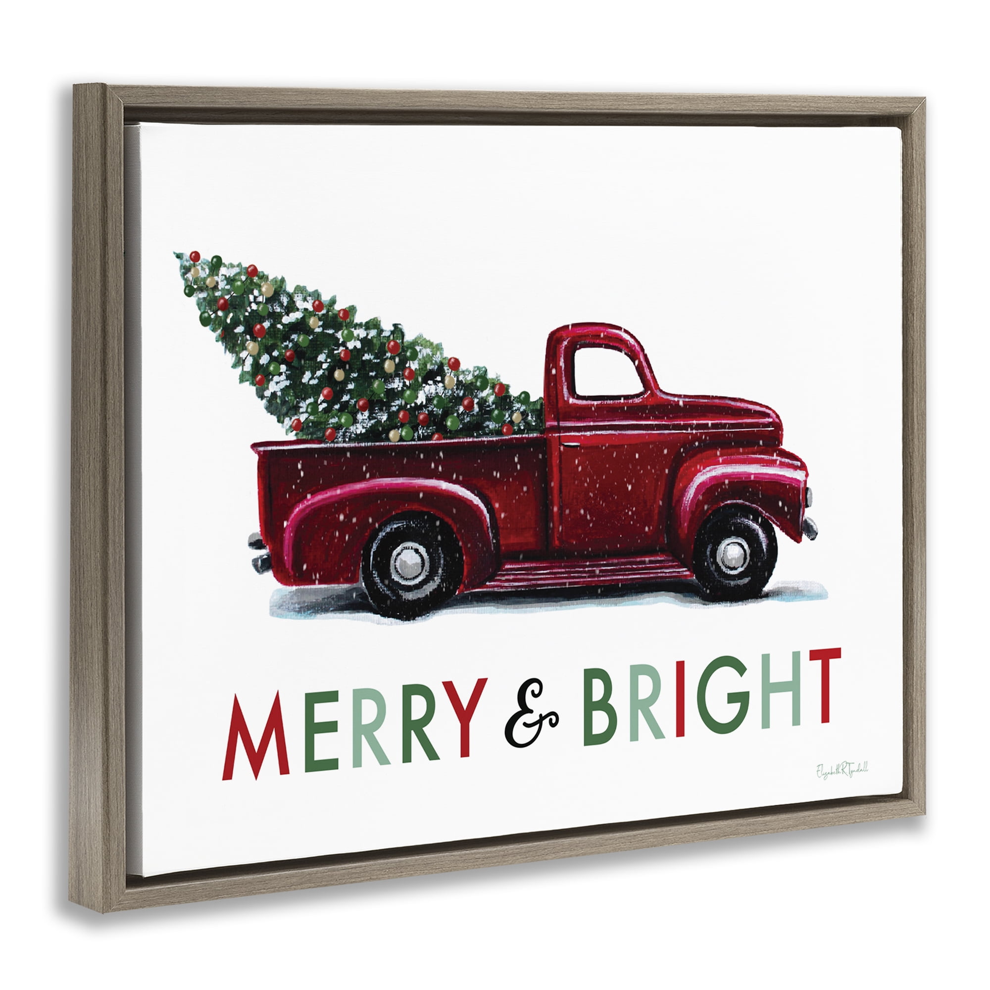 Stupell Industries Merry Bright Christmas Truck Holiday Painting Brown Floater Framed Canvas Art Prints Wall Art, 31 x 25