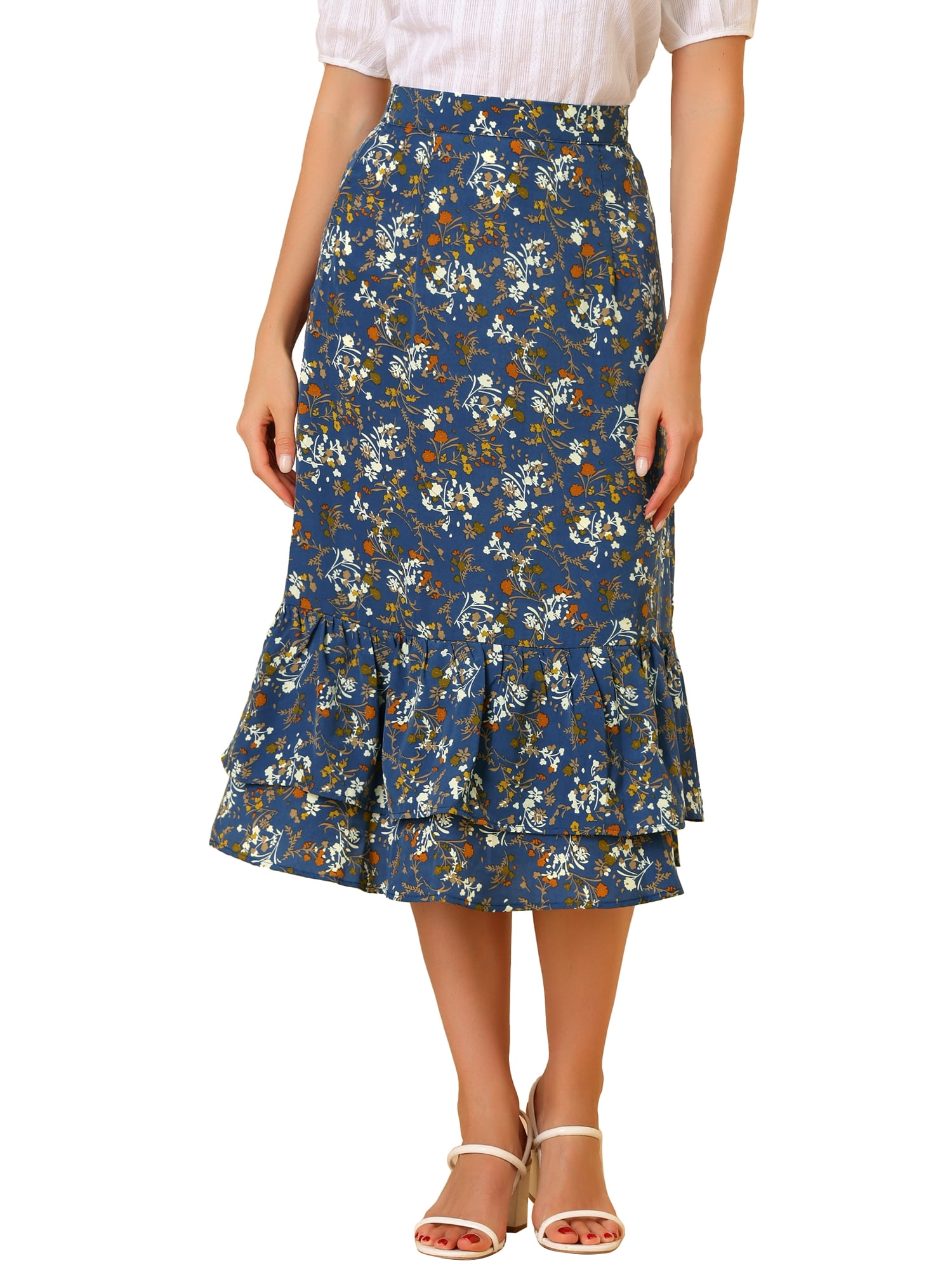 Allegra K Women's Floral Lurex Chiffon Skirt - High Low Hem, Elastic Waist, A-Line Midi Length