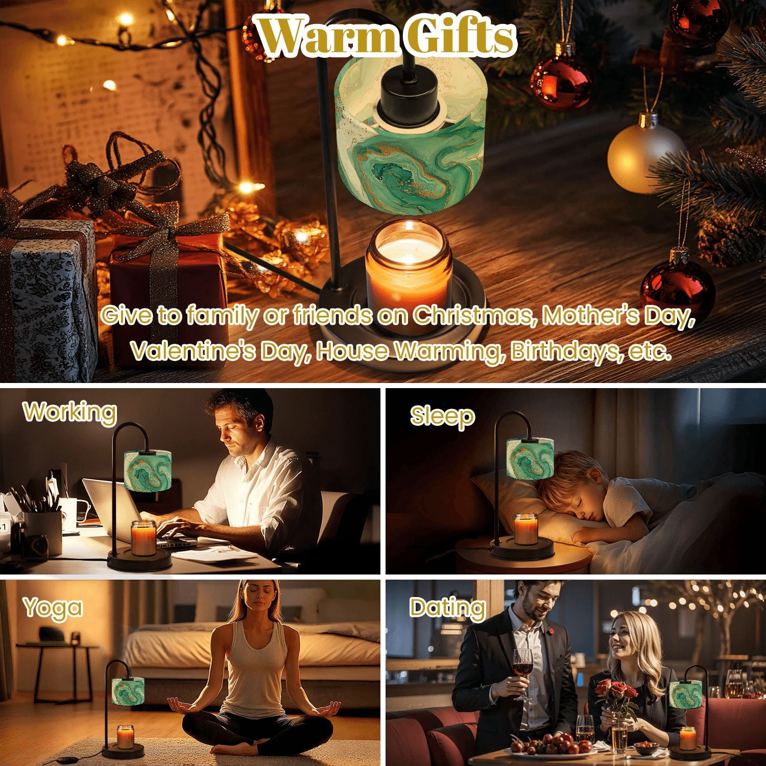 Candle Warmer Lamp with Timer Dimmer Abstract Teal Gold Marble Swirl Fluid Art Turquoise Waves Metallic Candle Lamp Warmer for Jar Candle with 4 Bulbs Gifts for Women House Warming Gifts