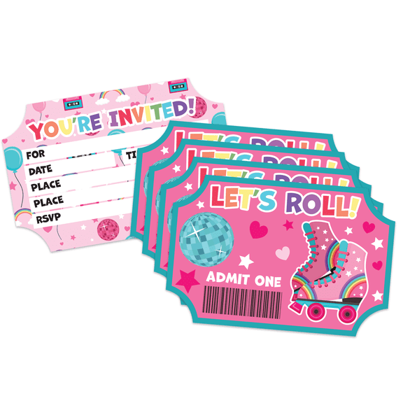 Rollerskate Birthday Party Invitations & Envelopes Value Pack (20 Count)