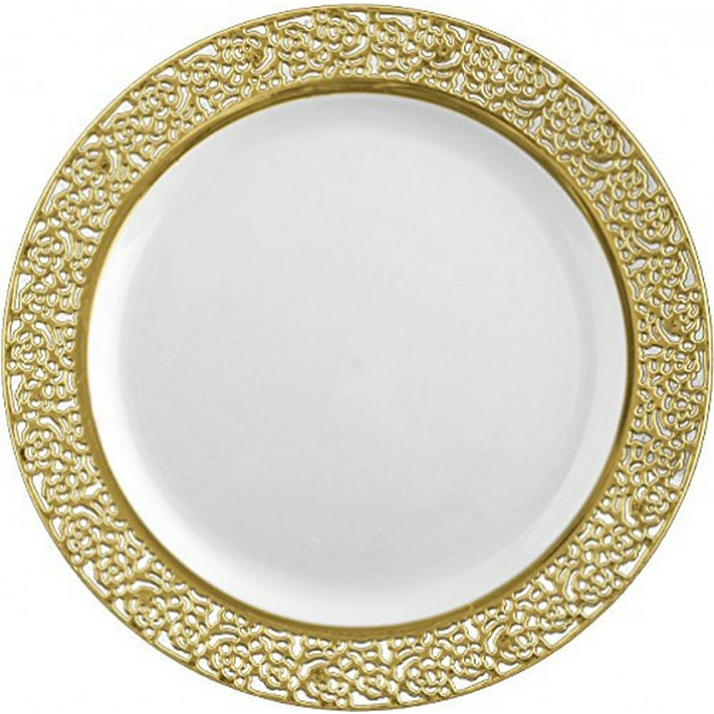 Inspiration White with Gold Lace Rim 10.25" Heavyweight Plastic Dinner