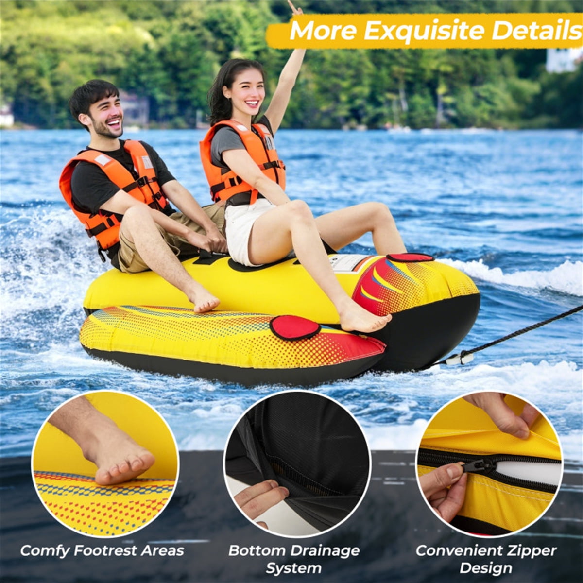 Inflatable Banana Boat Towable Tube for 1-2 Riders 340 LB Capacity 73x40x23 Inch Yellow Water Sports Toy for Lake Ocean River Boating Family Fun Summer Water Toy with Boston Valves