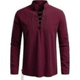 thumbnail image 2 of Mens Long Sleeve Shirts Lace Up Stand Collar Hippie Clothes Renaissance Pirate Tops Medieval Costume, Wine, S, Men's Gifts for Birthday!, 2 of 6