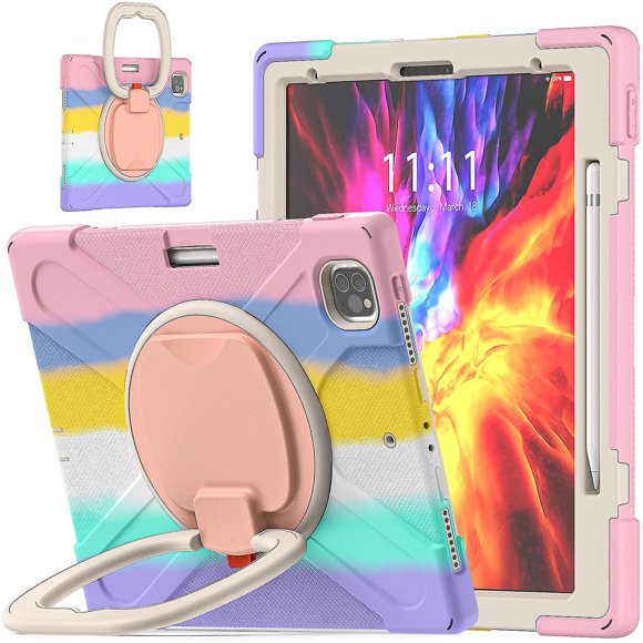 Color Matching Case For Ipad Pro 12.9 Inch 2020 With Shoulder Strap, Big Adjustable Ring Stand, Pen Holder, Shock Protection Cover
