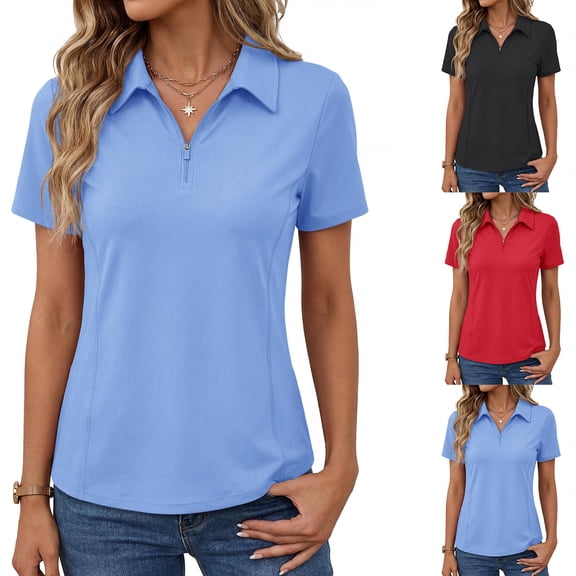 Laqbezok Women's Half-Zip Short Sleeve Top, Athletic Quarter-Zip Collared Shirt, Casual Slim Fit Performance Workout Tee with Contour Stitching