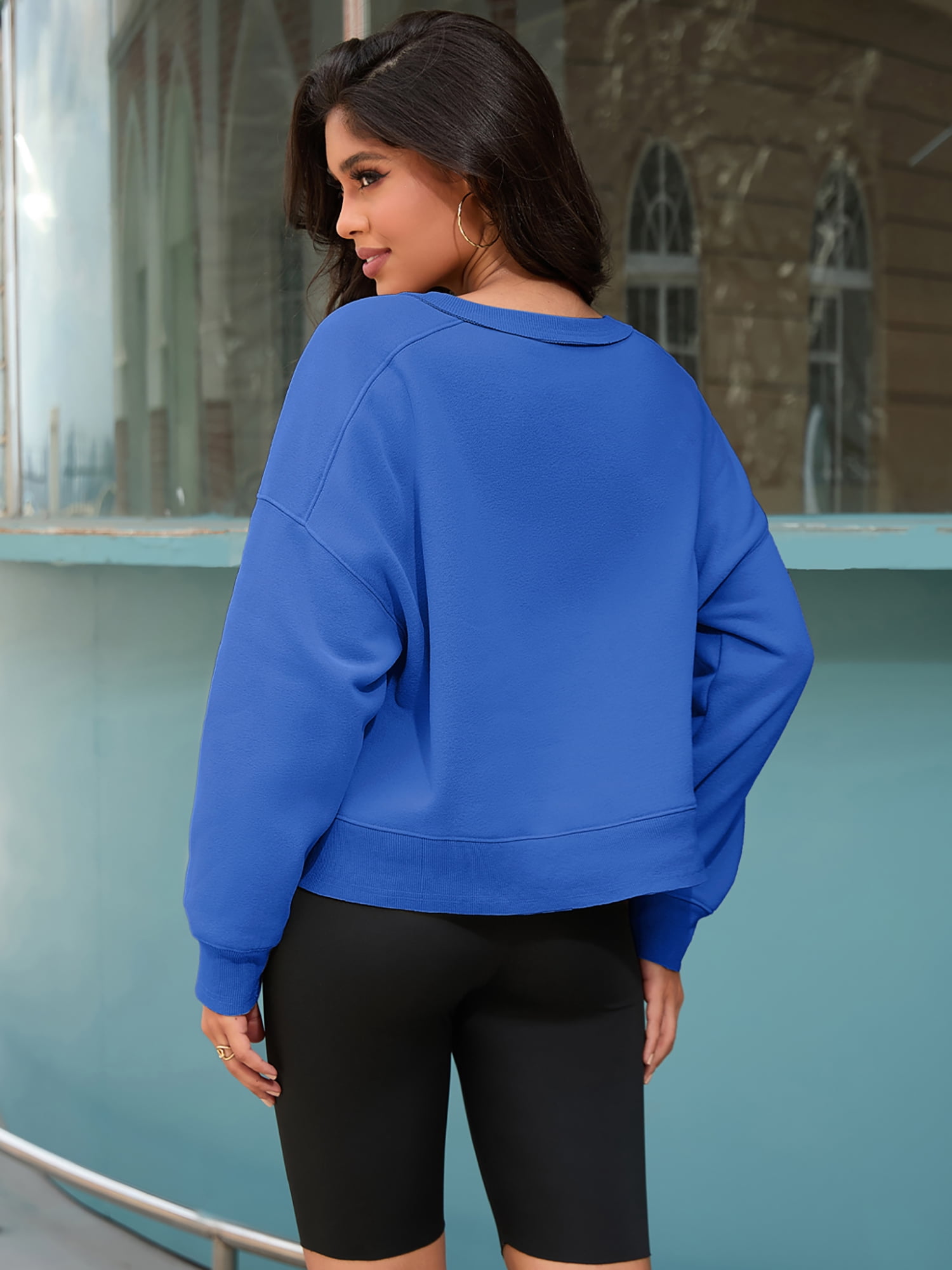 DARING DIVA Women's Crew Neck Fleece Pullover Oversized Cropped Sweatshirt M Royal Blue