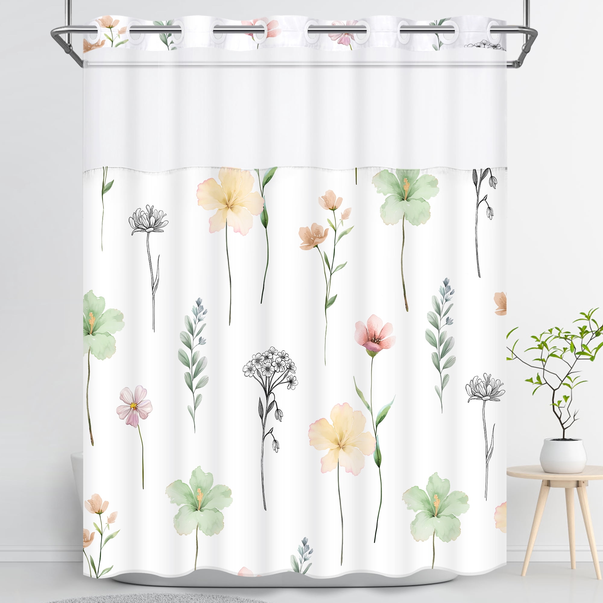 Ikfashoni Hookless Shower Curtain with Snap in Liner, Green Watercolor Flowers No Hook Waterproof Bath Curtain, 71"X74"