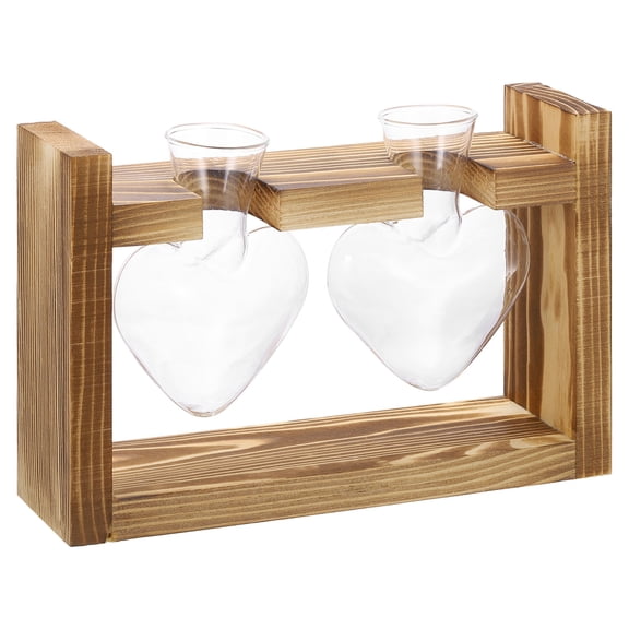 Uxcell Propagation Vases for Plants with Wooden Stand, Heart Shaped Glass Vase, Wood Color (2 Bulb)