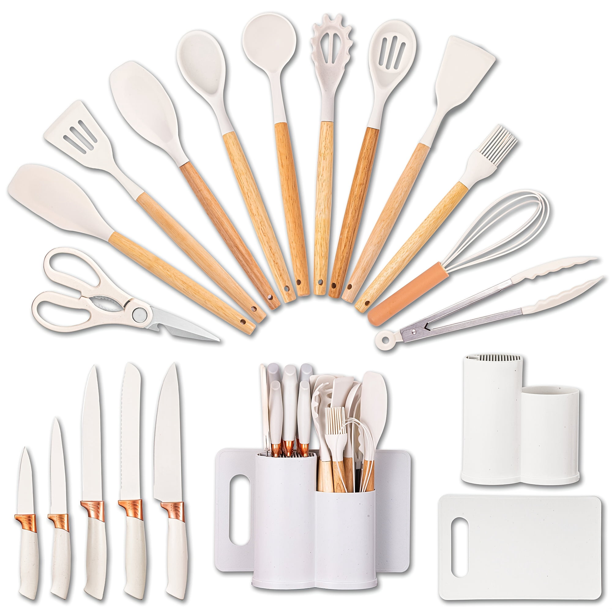 19pcs All-In-One Kitchen Knife & Utensil Set with Block | Silicone Cooking Tools & Stainless Steel Knives with Wooden Handles | Includes Cutting Board & Scissors | Ideal Housewarming & Dorm Gift