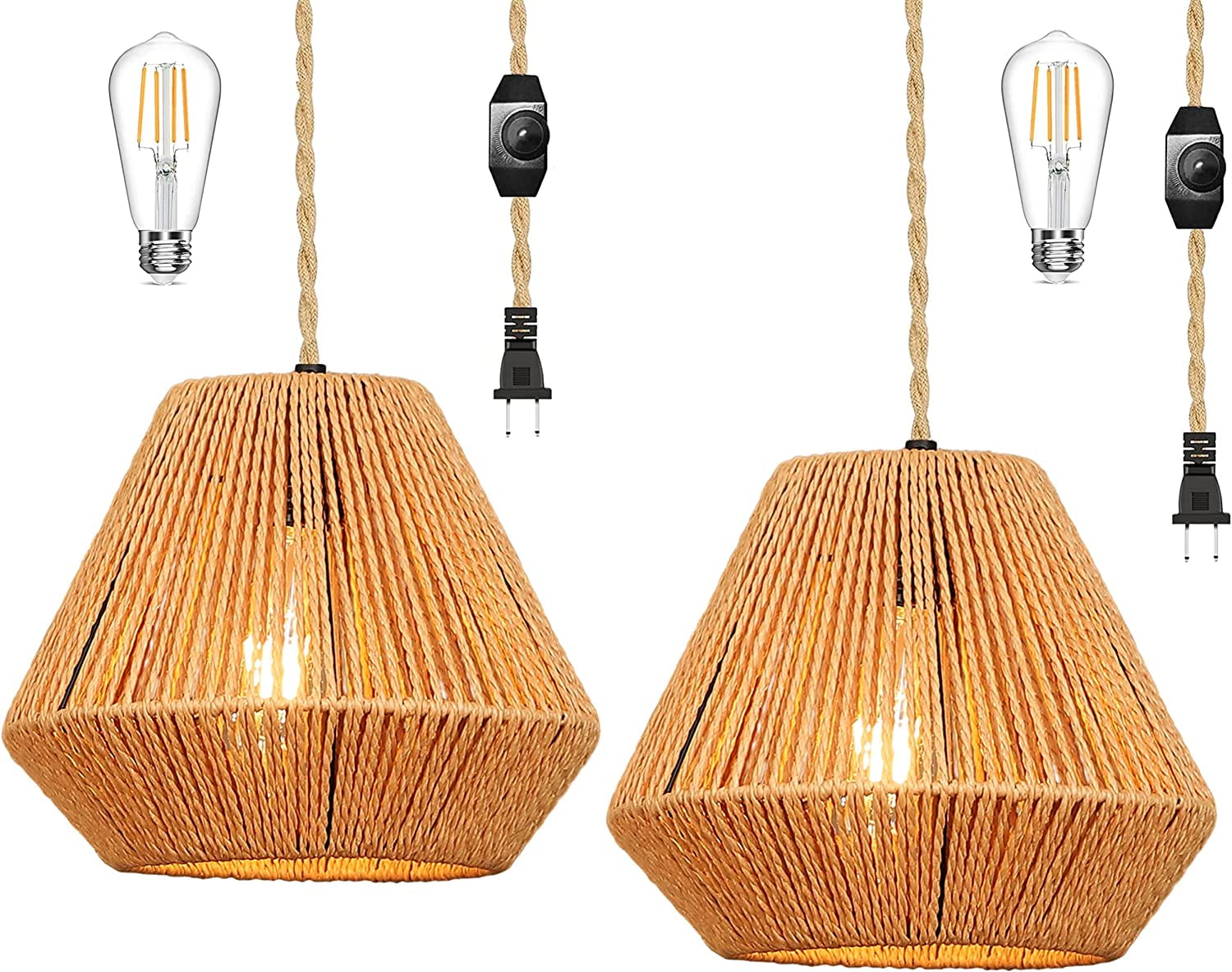 Plug in Pendant Light Rattan Hanging Lamp with Dimmable Switch 14ft