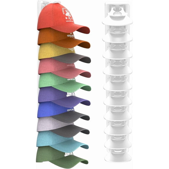 PLERISE 2 Pack Wall Mount Hat Organizer with Strong Adhesive, Holds Up to 40 Baseball Caps (White)