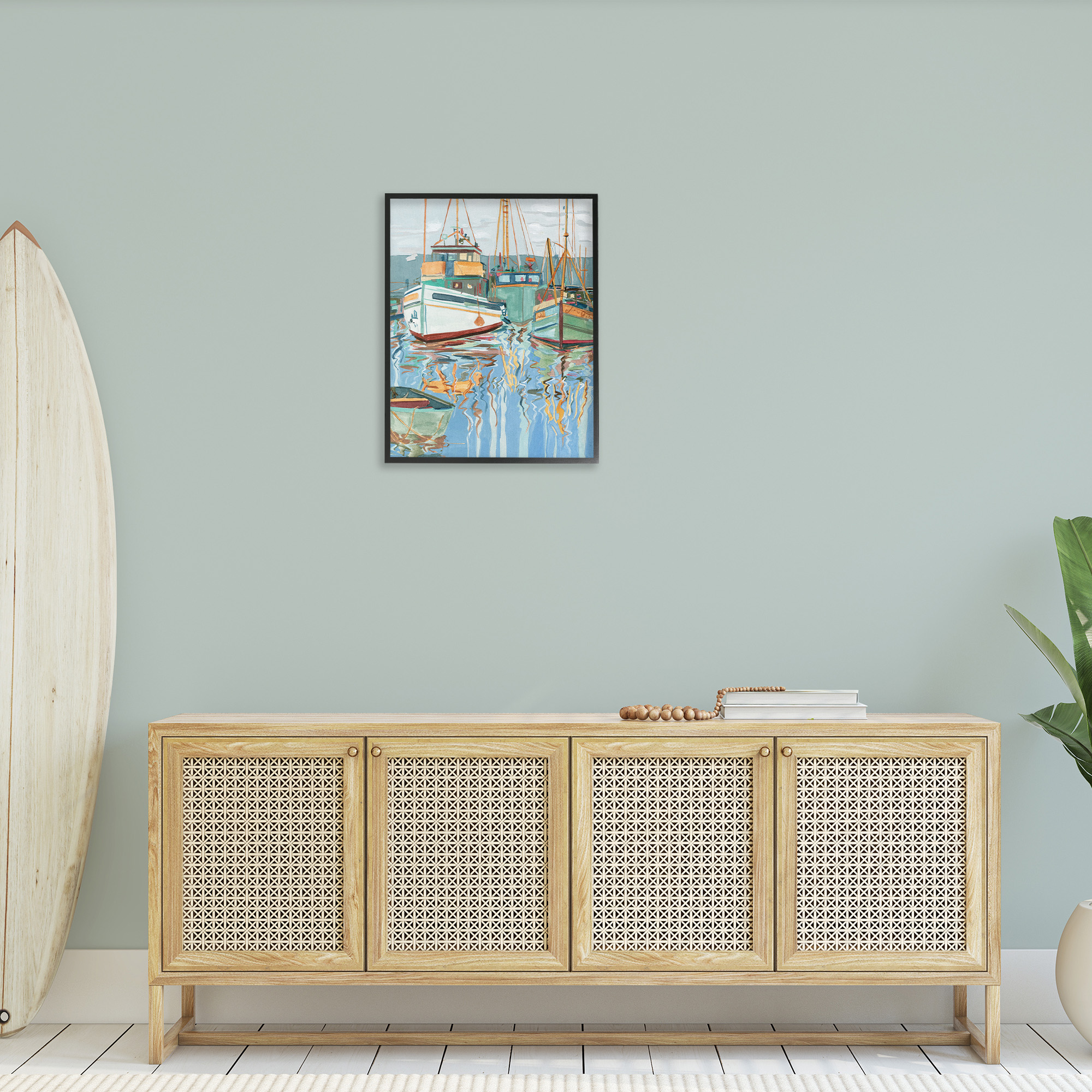 Stupell Industries Boat Harbor Reflections Transportation Painting Black Framed Art Print Wall Art, 24 x 30